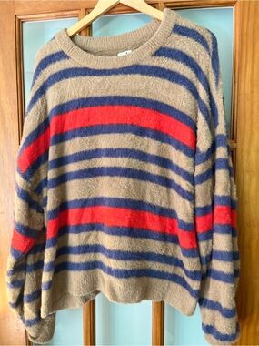 aerie Fuzzy Crewneck Sweater in Tan, Blue & Red
